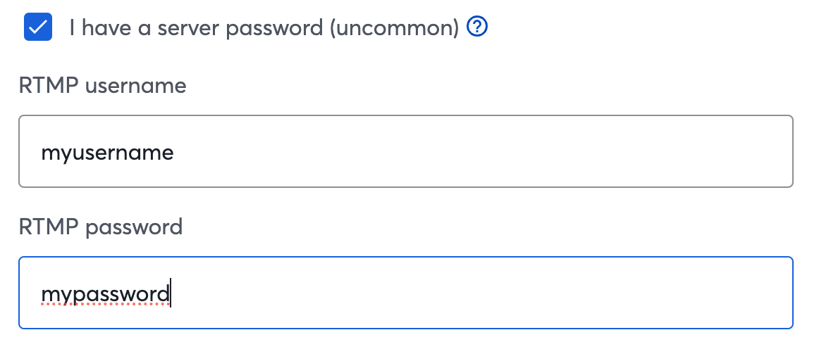 StreamYard: opzione I have a server password (uncommon) con campi username/password
